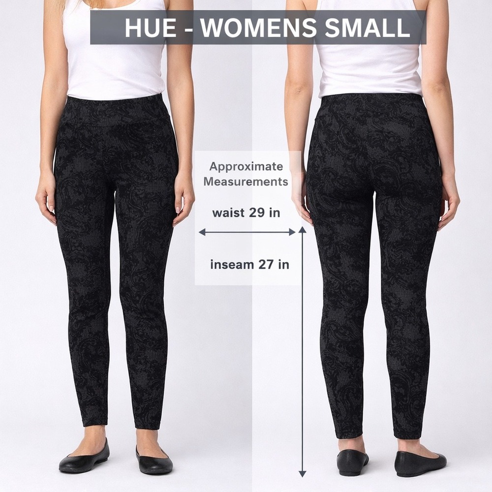 Hue Womens Small Black Grey Paisley Flocked Plaid Leggings High Waist Stretch